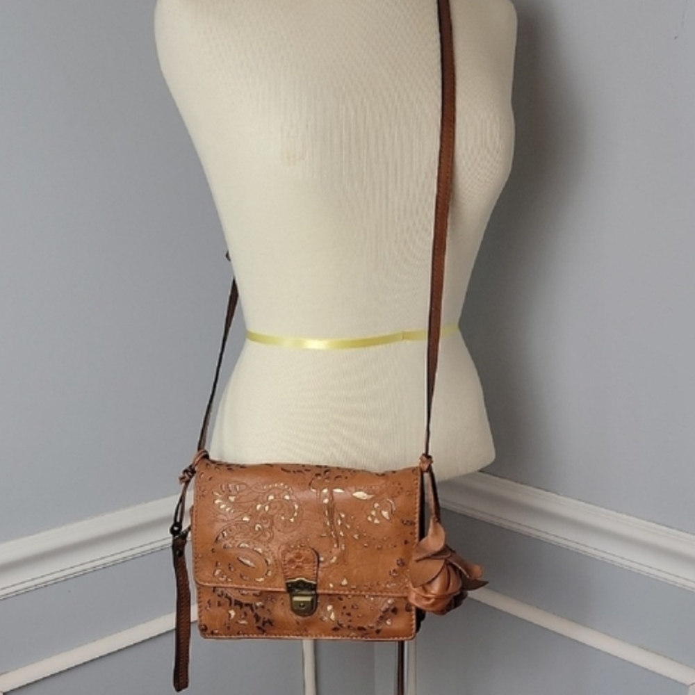 PATRICIA NASH Tan Italian Leather Laser Cut Out Bohemian Crossbody Wristlet Bag